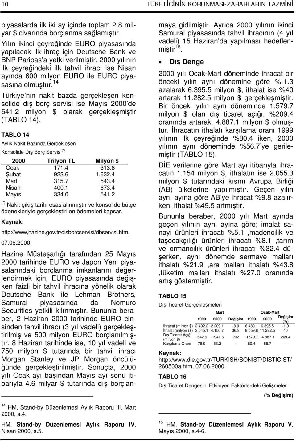 2000 yılının ilk çeyreğindeki ilk tahvil ihracı ise Nisan ayında 600 milyon EURO ile EURO piyasasına olmuştur. 14 Türkiye nin nakit bazda gerçekleşen konsolide dış borç servisi ise Mayıs 2000 de 541.