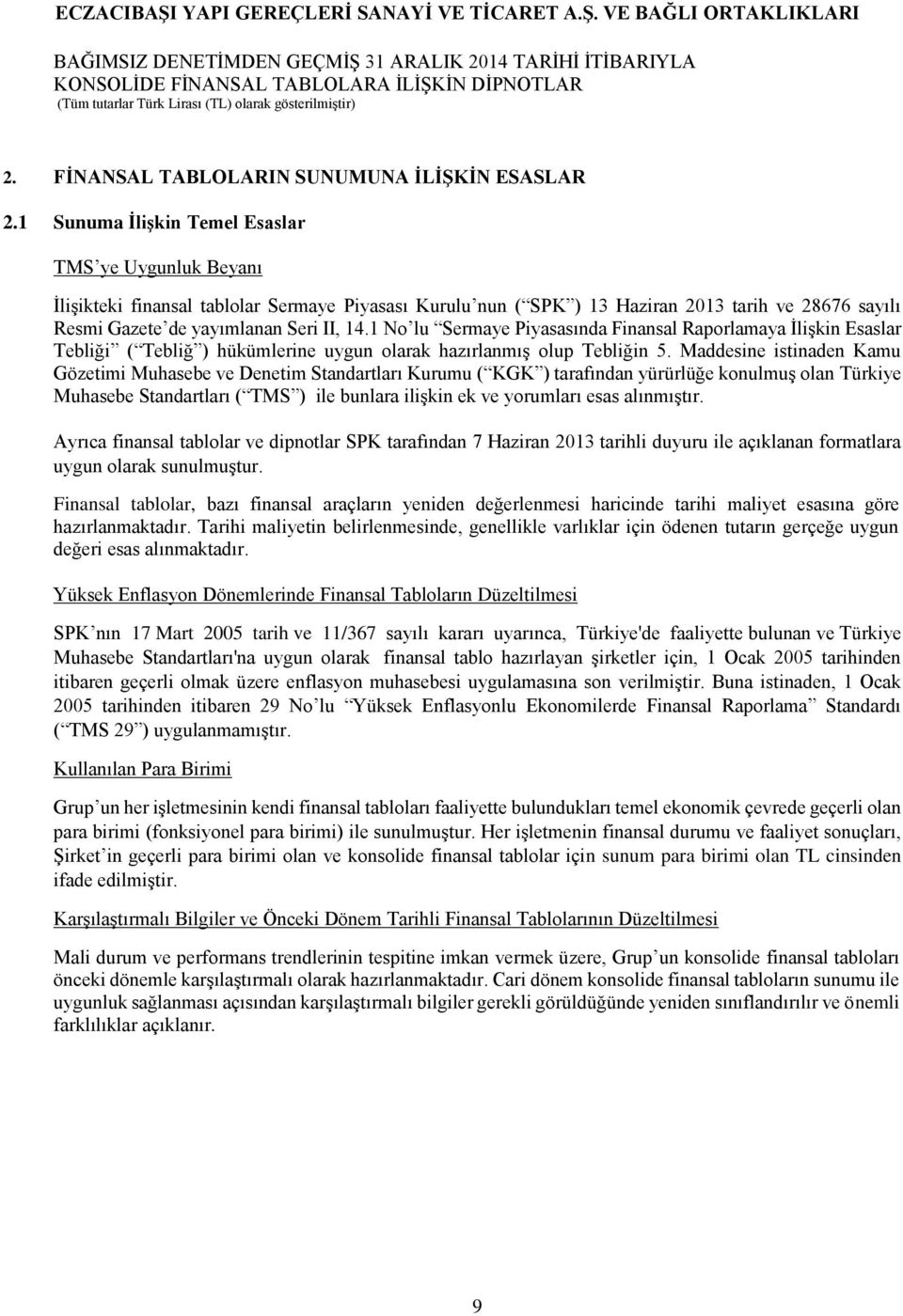 1 No lu Sermaye Piyasasında Finansal Raporlamaya İlişkin Esaslar Tebliği ( Tebliğ ) hükümlerine uygun olarak hazırlanmış olup Tebliğin 5.