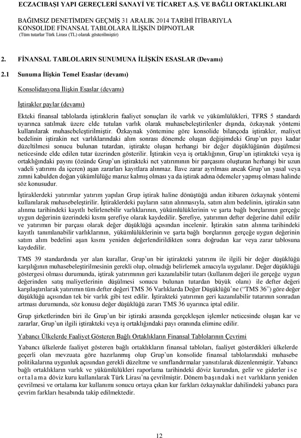 TFRS 5 standardı uyarınca satılmak üzere elde tutulan varlık olarak muhasebeleştirilenler dışında, özkaynak yöntemi kullanılarak muhasebeleştirilmiştir.