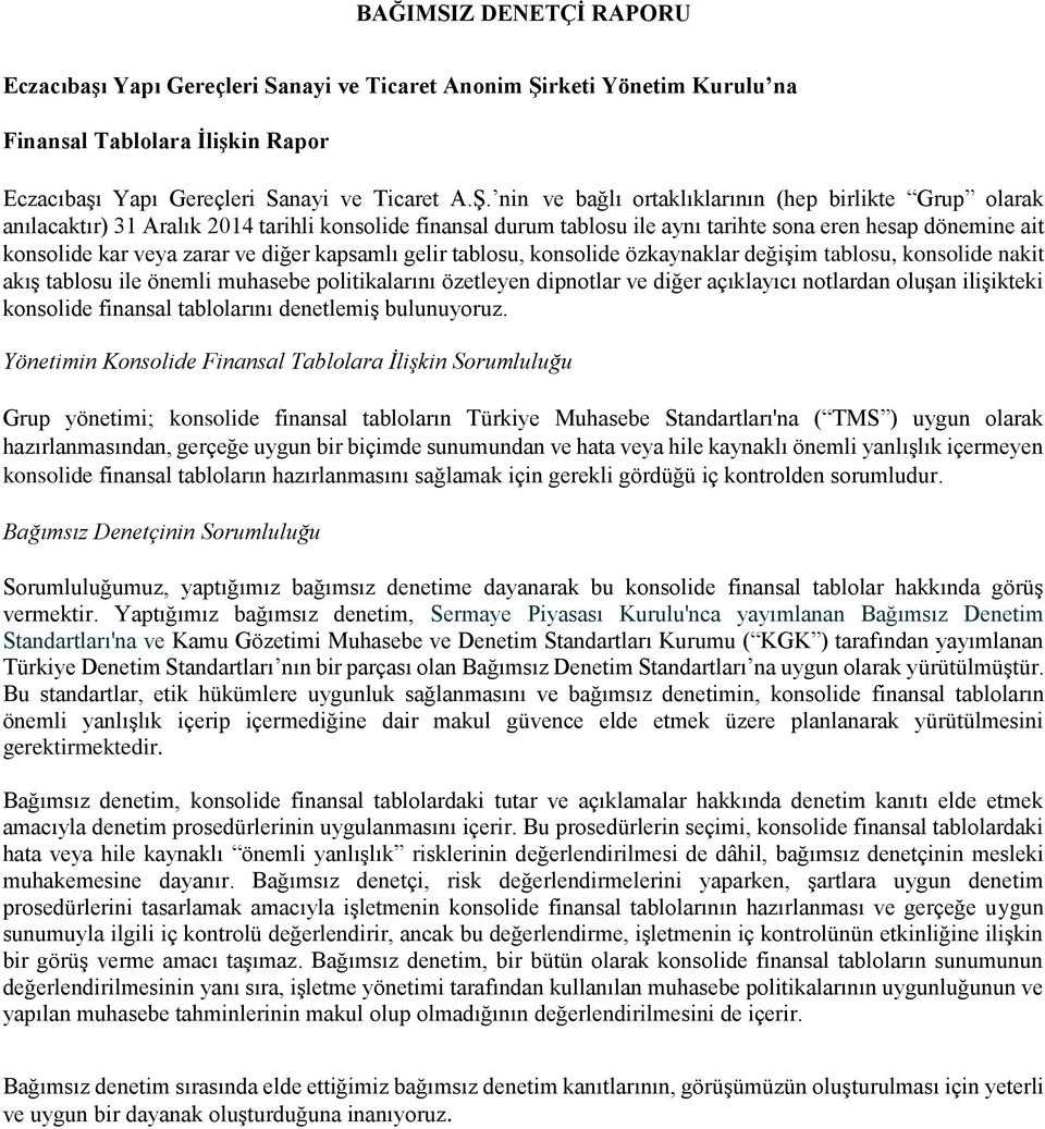 nin ve bağlı ortaklıklarının (hep birlikte Grup olarak anılacaktır) 31 Aralık 2014 tarihli konsolide finansal durum tablosu ile aynı tarihte sona eren hesap dönemine ait konsolide kar veya zarar ve