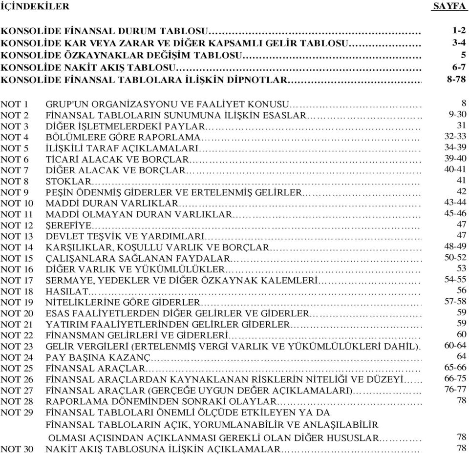 GRUP'UN ORGANİZASYONU VE FAALİYET KONUSU 8 FİNANSAL TABLOLARIN SUNUMUNA İLİŞKİN ESASLAR 9-30 DİĞER İŞLETMELERDEKİ PAYLAR 31 BÖLÜMLERE GÖRE RAPORLAMA.