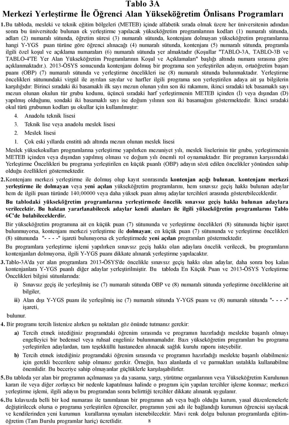 programlarının kodları (1) numaralı sütunda, adları (2) numaralı sütunda, öğretim süresi (3) numaralı sütunda, kontenjanı dolmayan yükseköğretim programlarına hangi Y-YGS puan türüne göre öğrenci