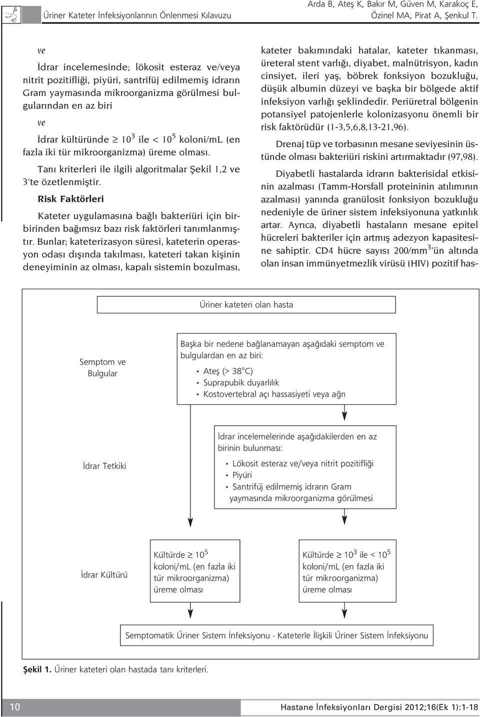 Tan kriterleri ile ilgili algoritmalar fiekil 1,2 ve 3 te özetlenmifltir. Risk Faktörleri Kateter uygulamas na ba l bakteriüri için birbirinden ba ms z baz risk faktörleri tan mlanm flt r.