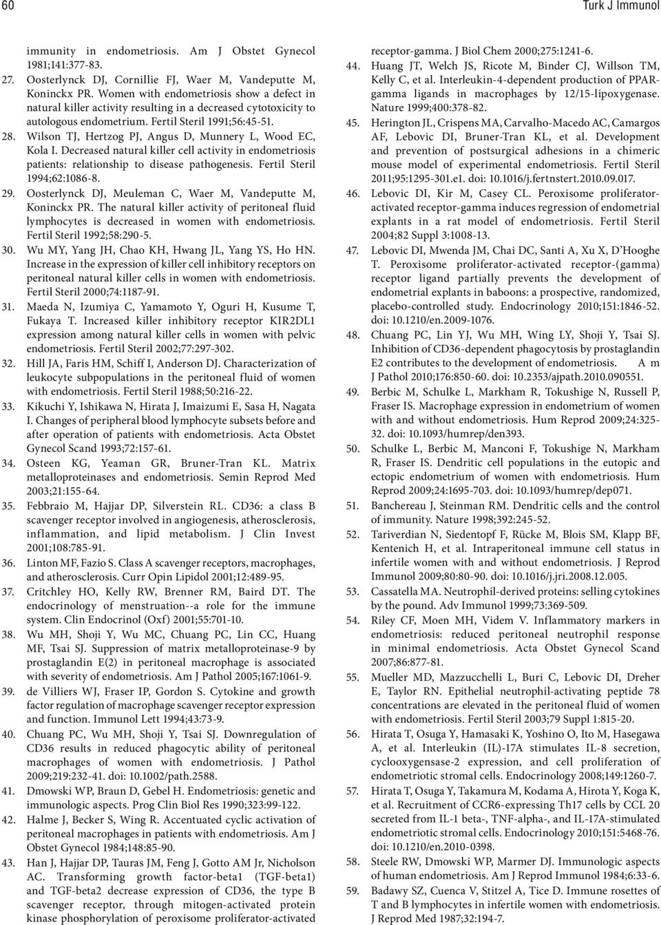Wilson TJ, Hertzog PJ, Angus D, Munnery L, Wood EC, Kola I. Decreased natural killer cell activity in endometriosis patients: relationship to disease pathogenesis. Fertil Steril 1994;62:1086-8. 29.