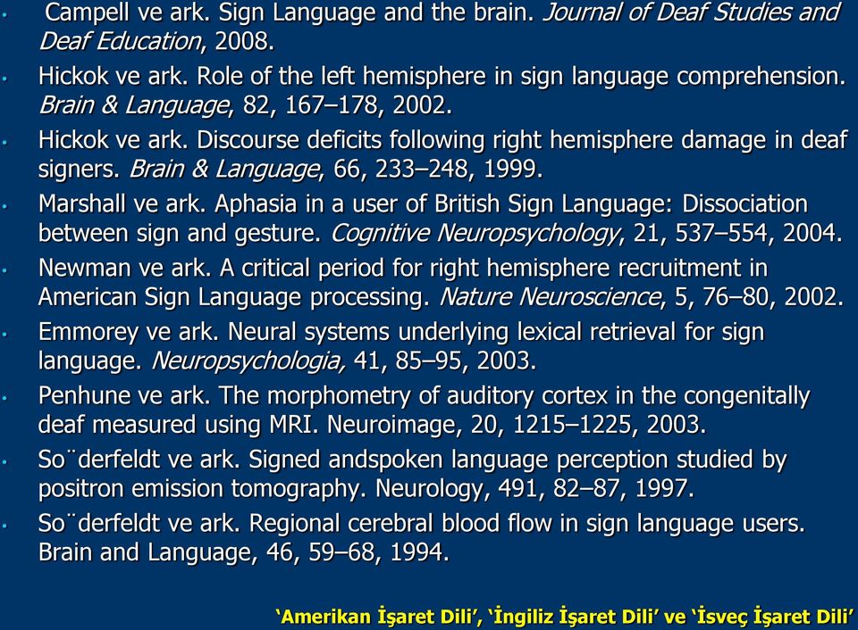 Aphasia in a user of British Sign Language: Dissociation between sign and gesture. Cognitive Neuropsychology, 21, 537 554, 2004. Newman ve ark.