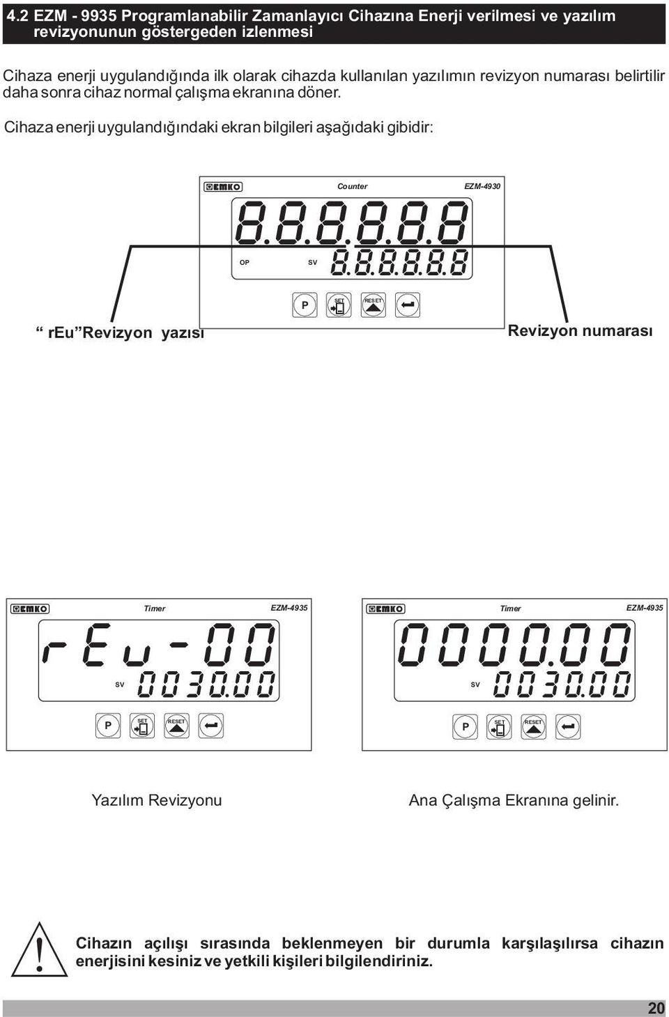 Cihaza enerji uygulandýðýndaki ekran bilgileri aþaðýdaki gibidir: Counter EZM-493 reu Revizyon yazýsý Revizyon numarasý Timer EZM-4935 Timer