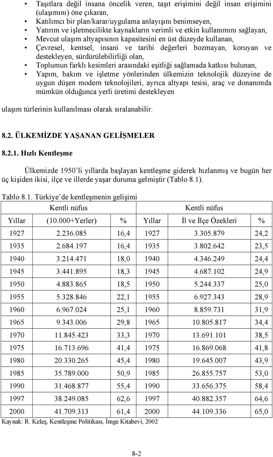 sürdürülebilirliği olan, Toplumun farklı kesimleri arasındaki eşitliği sağlamada katkısı bulunan, Yapım, bakım ve işletme yönlerinden ülkemizin teknolojik düzeyine de uygun düşen modern