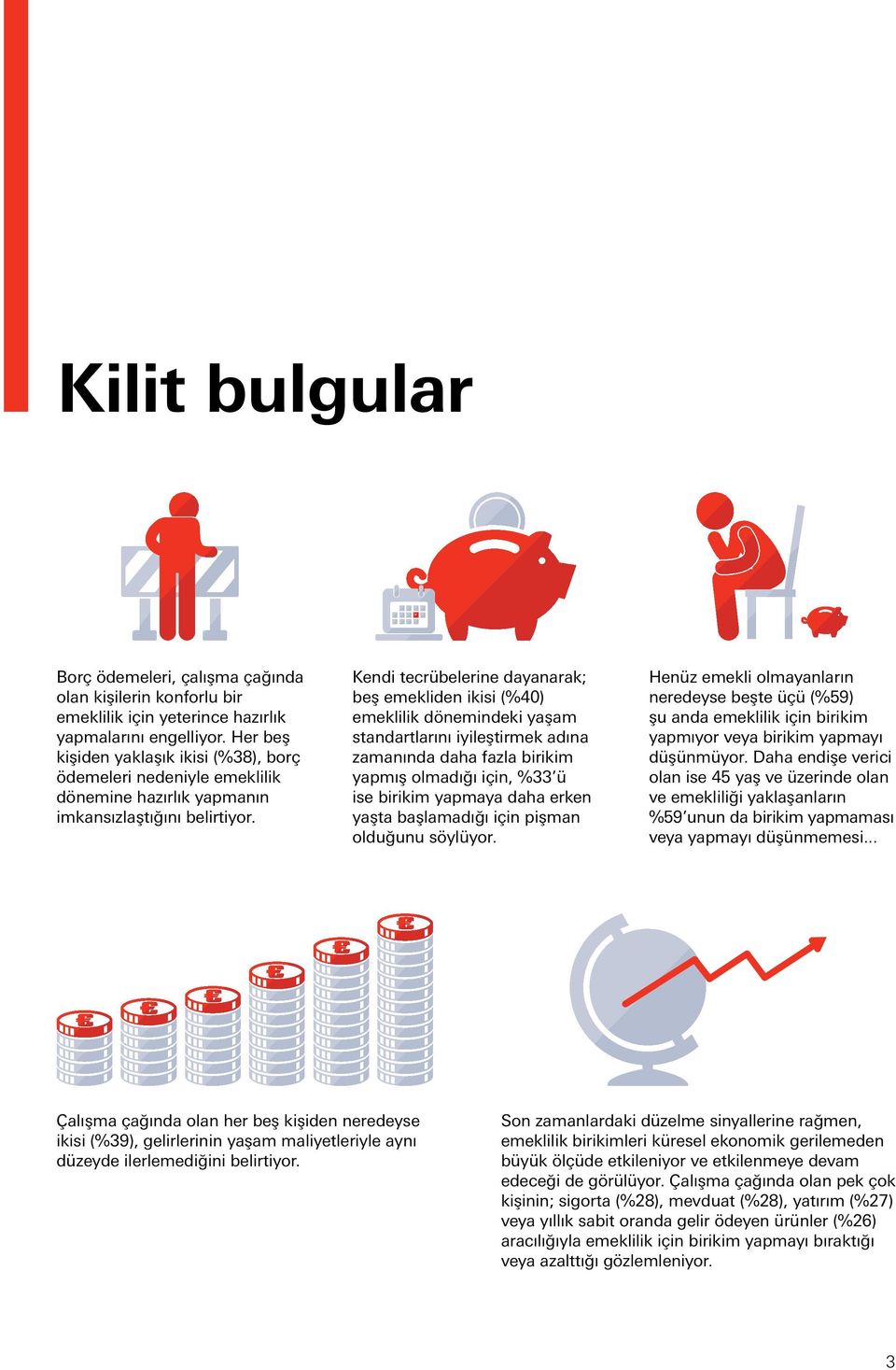 Kendi tecrübelerine dayanarak; beş emekliden ikisi (%40) emeklilik dönemindeki yaşam standartlarını iyileştirmek adına zamanında daha fazla birikim yapmış olmadığı için, %33 ü ise birikim yapmaya