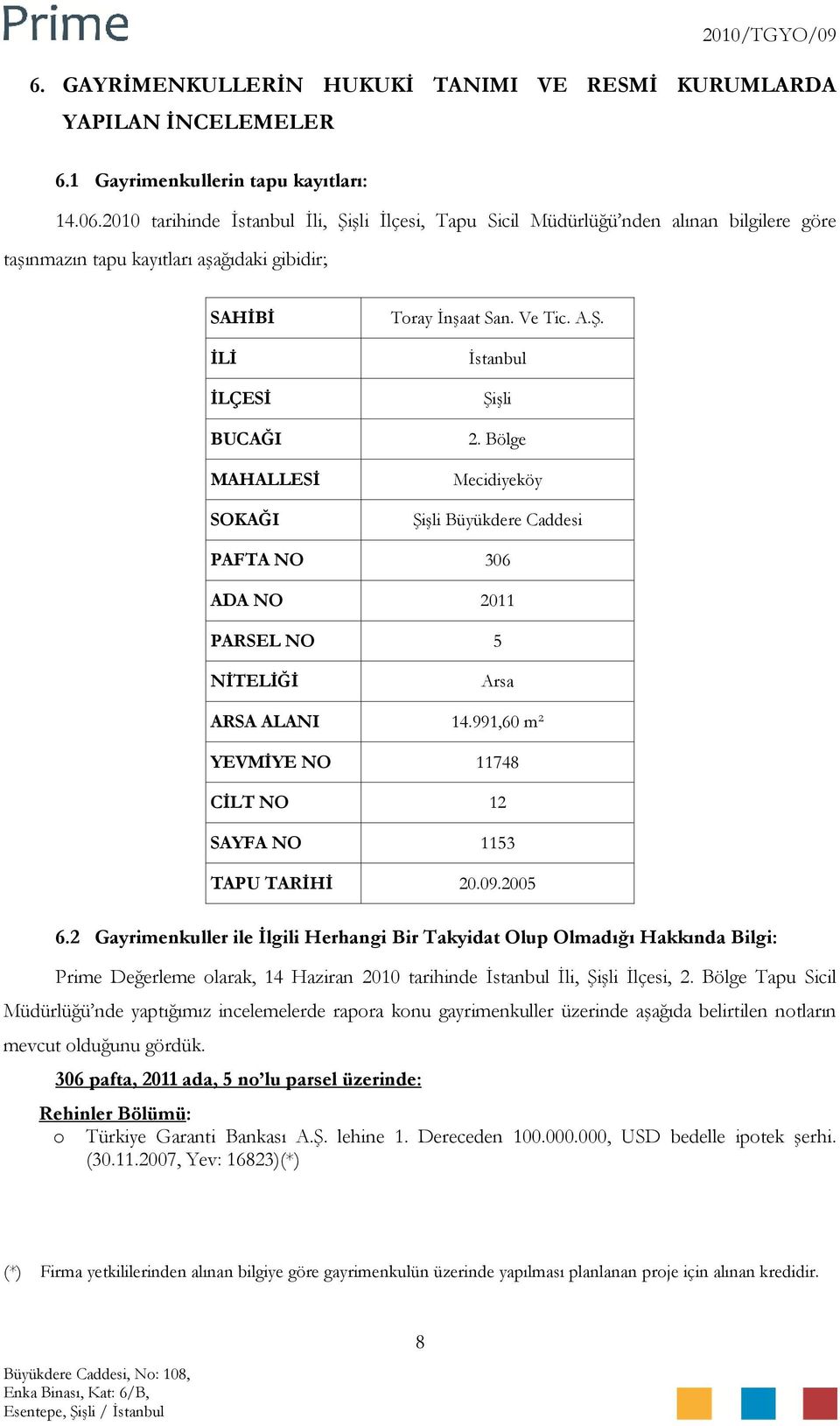 Ve Tic. A.Ş. İstanbul Şişli 2. Bölge Mecidiyeköy Şişli Büyükdere Caddesi PAFTA NO 306 ADA NO 2011 PARSEL NO 5 NİTELİĞİ Arsa ARSA ALANI 14.