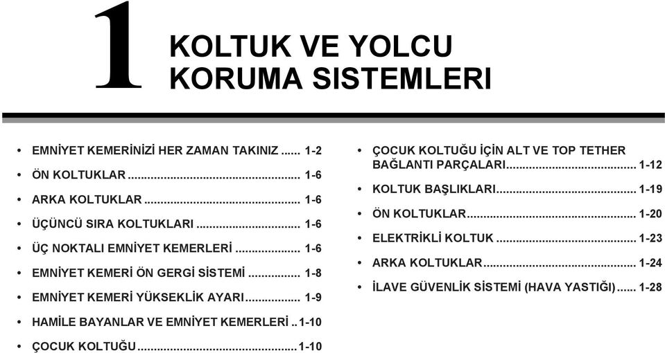 .. 1-8 EMN YET KEMER YÜKSEKL K AYARI... 1-9 ÇOCUK KOLTU U Ç N ALT VE TOP TETHER BA LANTI PARÇALARI... 1-12 KOLTUK BA LIKLARI.