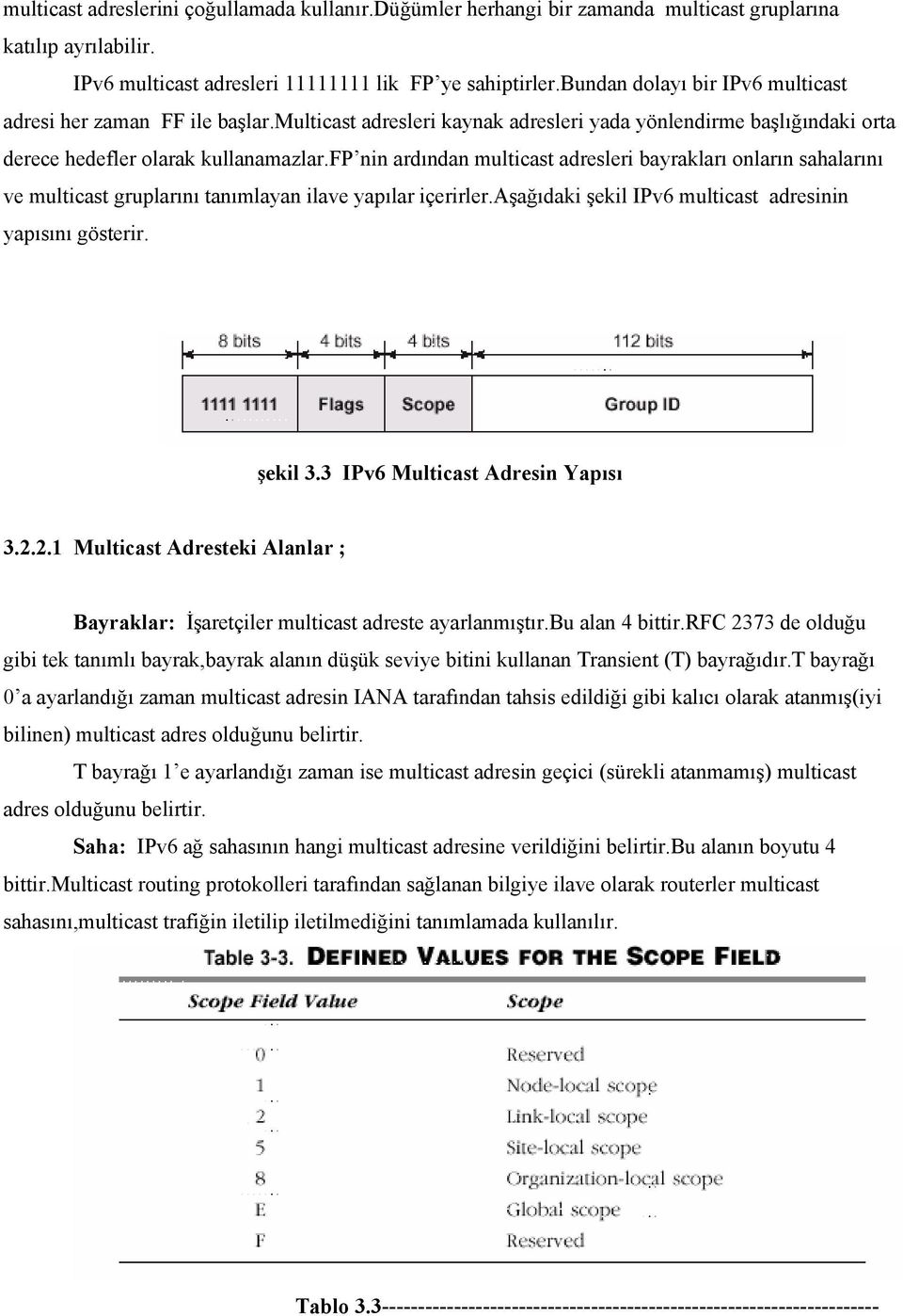 fp nin ardından multicast adresleri bayrakları onların sahalarını ve multicast gruplarını tanımlayan ilave yapılar içerirler.aşağıdaki şekil IPv6 multicast adresinin yapısını gösterir. şekil 3.