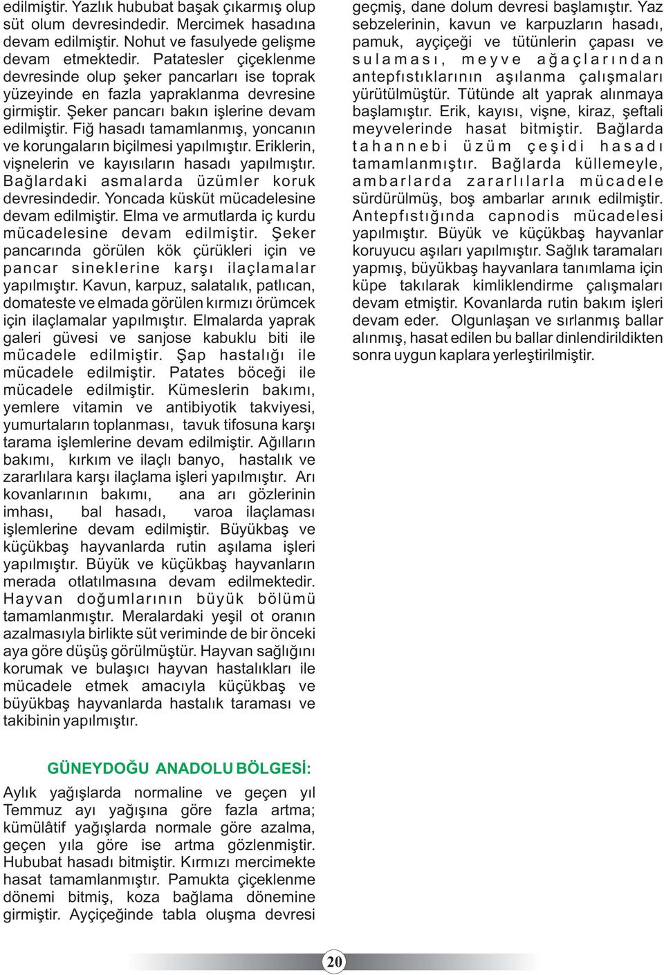 Fið hasadý tamamlanmýþ, yoncanýn ve korungalarýn biçilmesi yapýlmýþtýr. Eriklerin, viþnelerin ve kayýsýlarýn hasadý yapýlmýþtýr. Baðlardaki asmalarda üzümler koruk devresindedir.