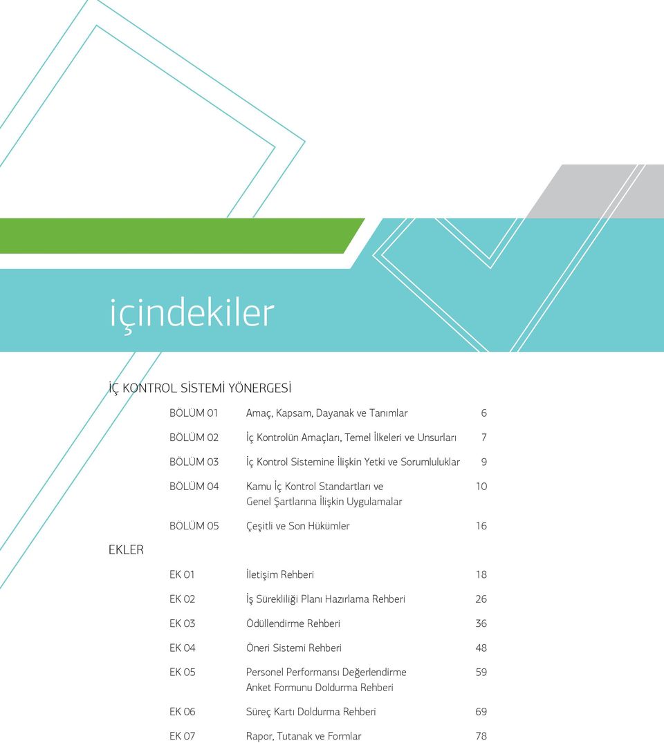 Uygulamalar BÖLÜM 05 Çeşitli ve Son Hükümler 16 01 İletişim Rehberi 18 02 İş Sürekliliği Planı Hazırlama Rehberi 26 03 Ödüllendirme Rehberi 36 04