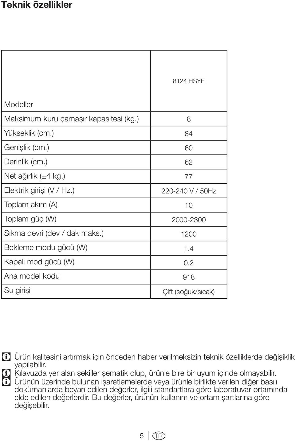 2 918 Çift (soğuk/sıcak) C C Ürün kalitesini artırmak için önceden haber verilmeksizin teknik özelliklerde değişiklik yapılabilir.