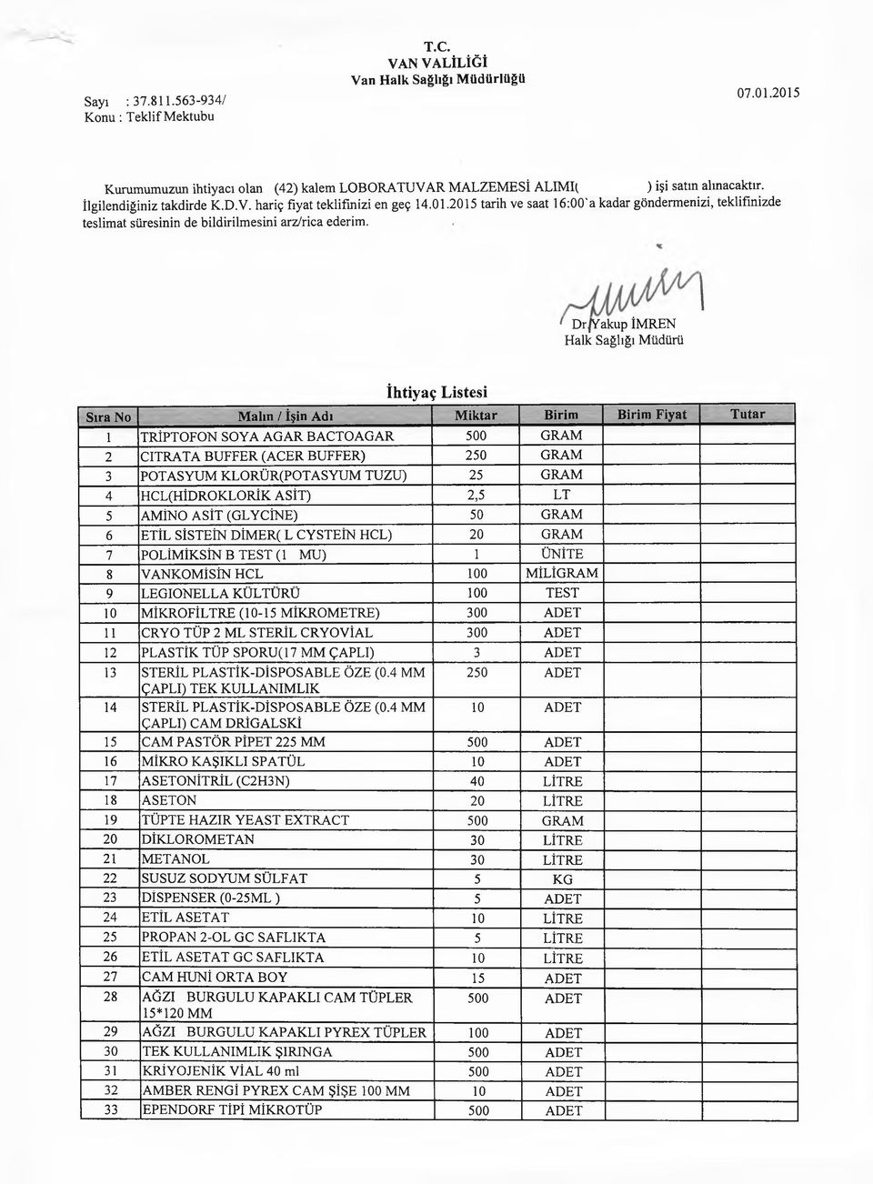 ' Dr/Yakup İM REN Halk Sağlığı M üdürü 1 İhtiyaç Listesi Sıra No M alın / İşin Adı M iktar Birim Birim Fiyat Tutar 1 TRİPTO FON SOYA A G A R BACTOAGAR 500 GRAM 2 CITRATA B U FFER (A C ER BUFFER) 250