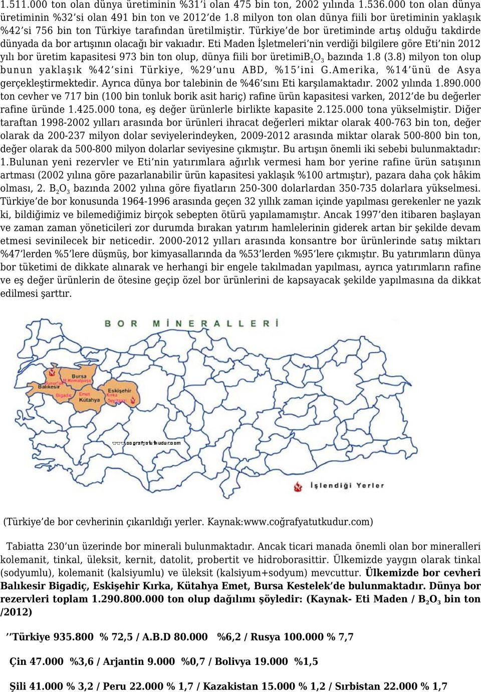 Eti Maden İşletmeleri nin verdiği bilgilere göre Eti nin 2012 yılı bor üretim kapasitesi 973 bin ton olup, dünya fiili bor üretimib 2 O 3 bazında 1.8 (3.