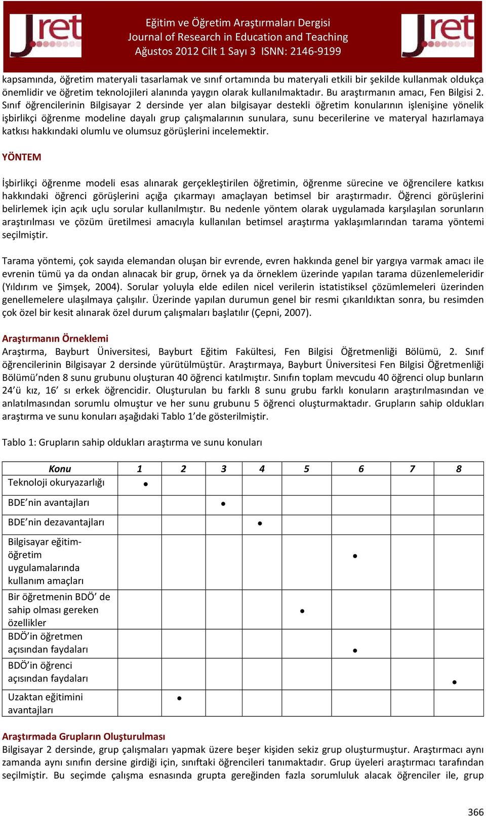 Sınıf öğrencilerinin Bilgisayar 2 dersinde yer alan bilgisayar destekli öğretim konularının işlenişine yönelik işbirlikçi öğrenme modeline dayalı grup çalışmalarının sunulara, sunu becerilerine ve