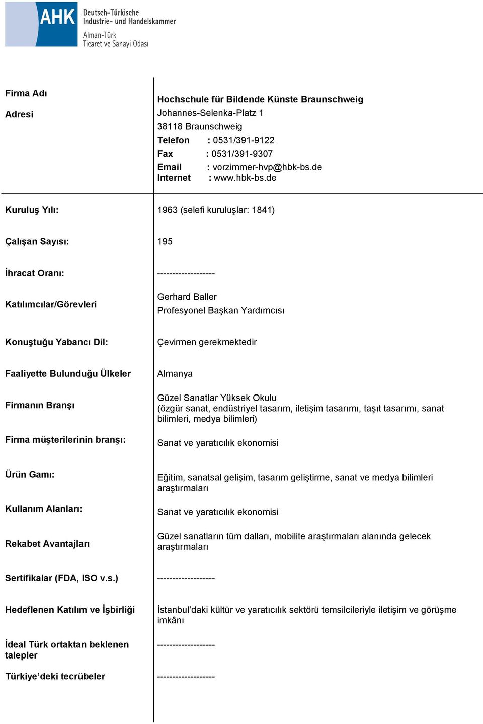 de Kuruluş Yılı: 1963 (selefi kuruluşlar: 1841) Çalışan Sayısı: 195 İhracat Oranı: Gerhard Baller Profesyonel Başkan Yardımcısı Çevirmen gerekmektedir Güzel Sanatlar Yüksek Okulu (özgür sanat,