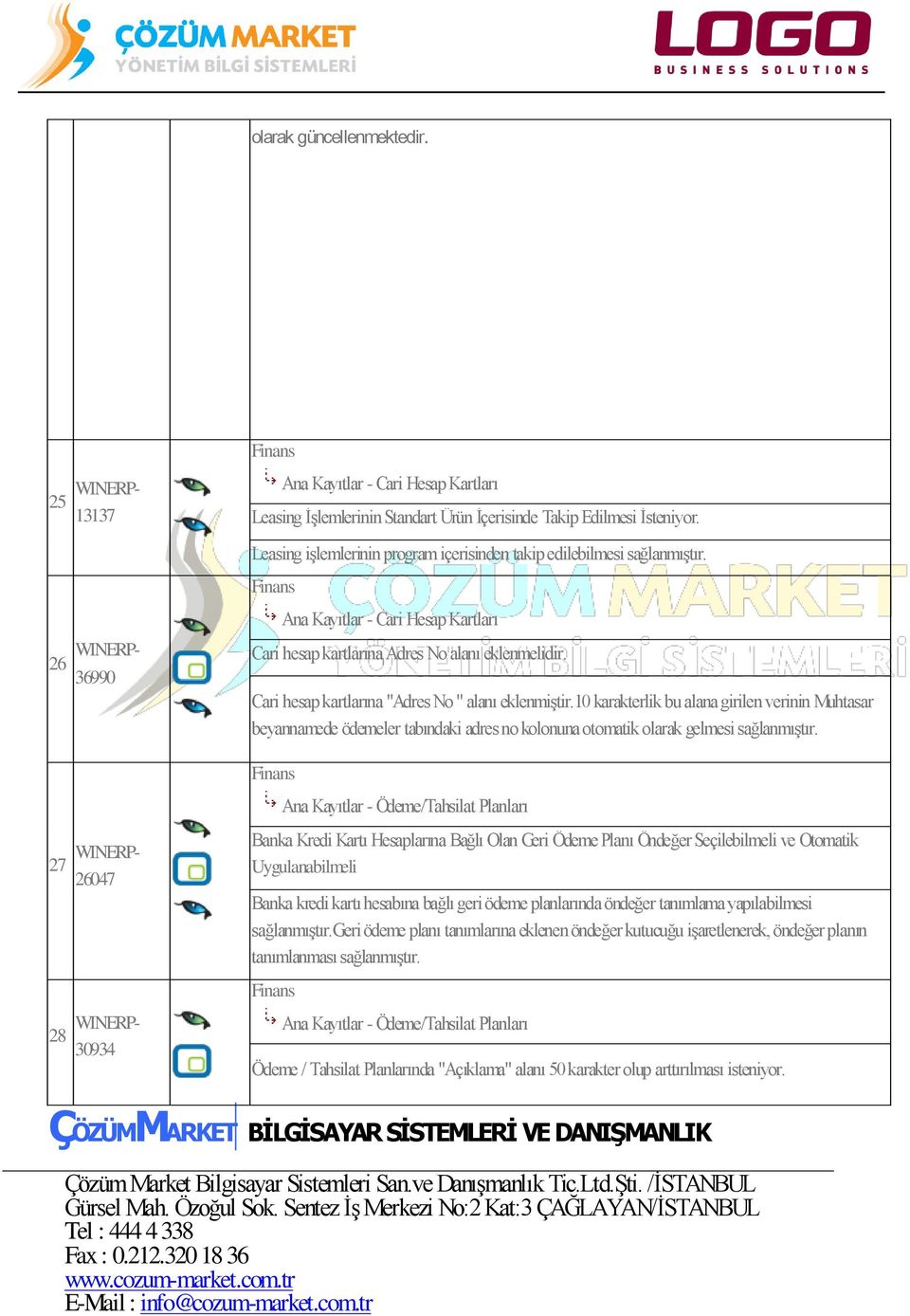 Leasing işlemlerinin program içerisinden takip edilebilmesi sağlanmıştır. Finans Ana Kayıtlar - Cari Hesap Kartları Cari hesap kartlarına Adres No alanı eklenmelidir.