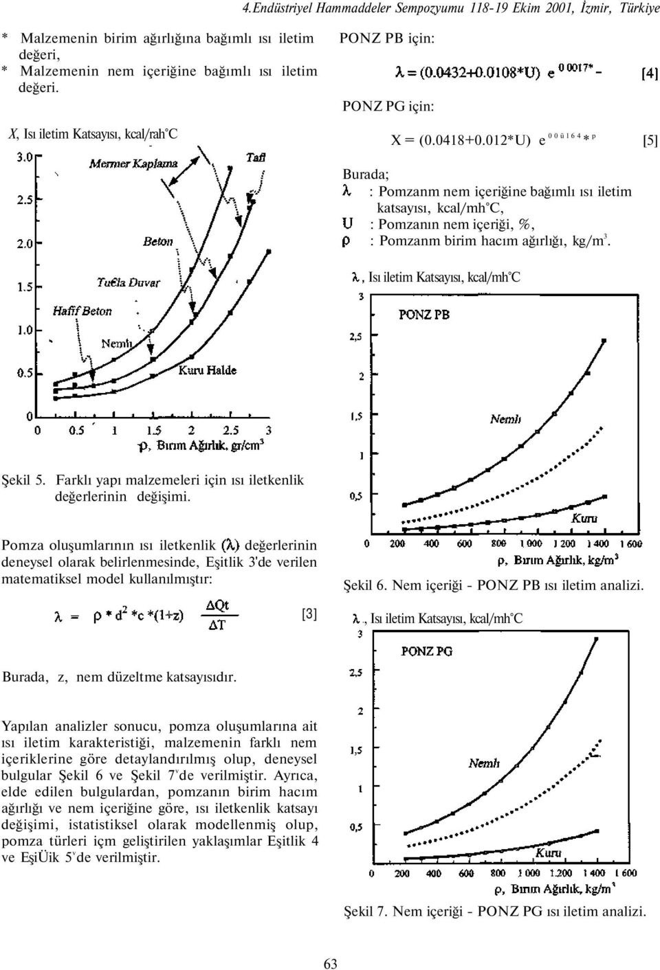 012*U) e 00ül64 * p [5] Burada; : Pomzanm nem içeriğine bağımlı ısı iletim katsayısı, kcal/mh C, : Pomzanın nem içeriği, %, : Pomzanm birim hacım ağırlığı, kg/m 3.