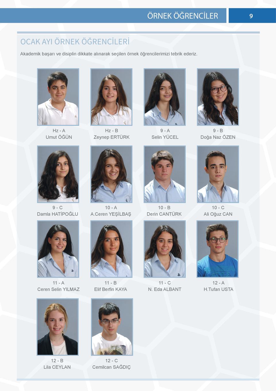 Hz - A Umut ÖĞÜN Hz - B Zeynep ERTÜRK 9-A Selin YÜCEL 9-B Doğa Naz ÖZEN 9-C Damla HATİPOĞLU 10 - A A.