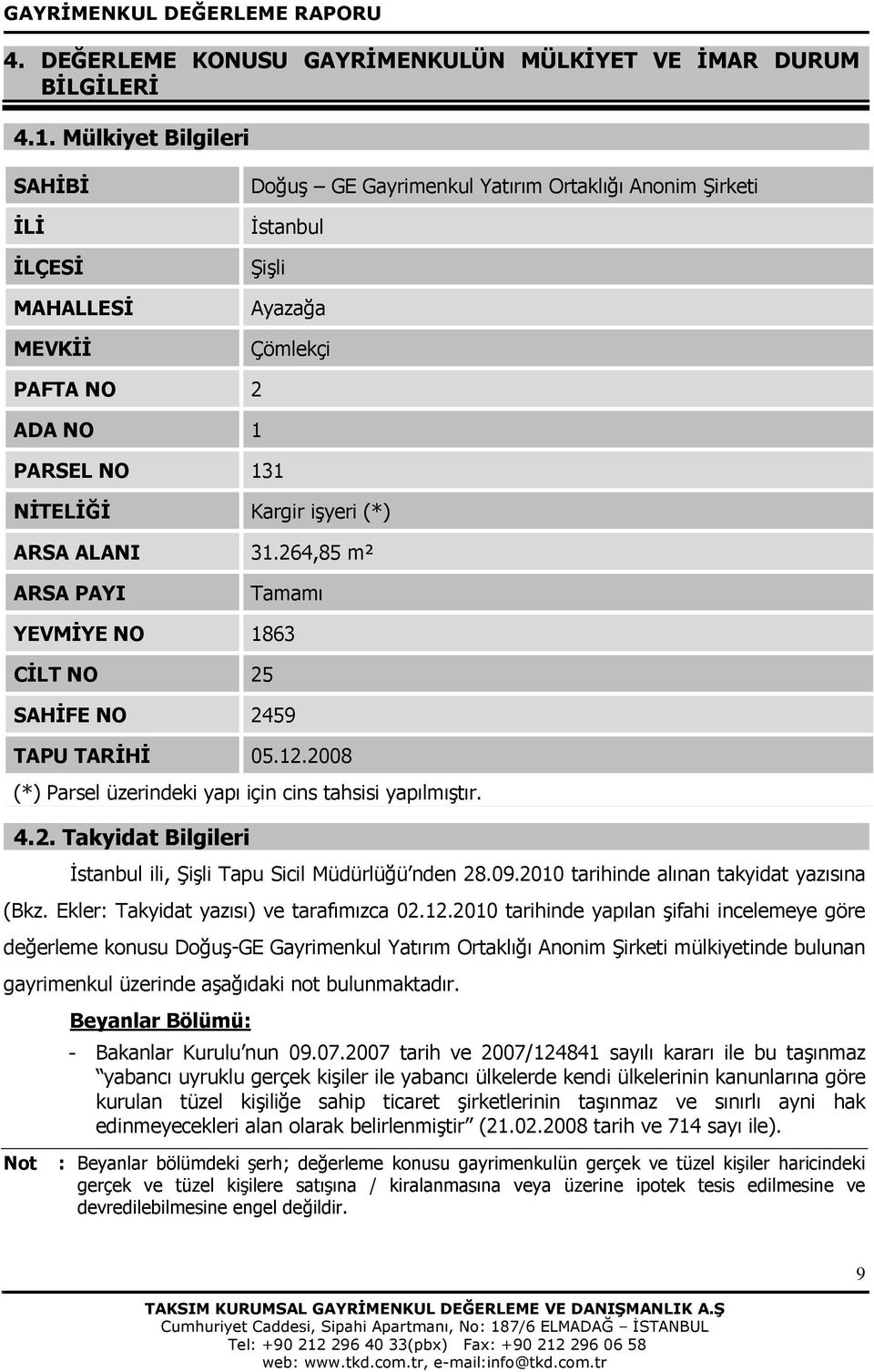 (*) ARSA ALANI 31.264,85 m² ARSA PAYI Tamamı YEVMİYE NO 1863 CİLT NO 25 SAHİFE NO 2459 TAPU TARİHİ 05.12.2008 (*) Parsel üzerindeki yapı için cins tahsisi yapılmıştır. 4.2. Takyidat Bilgileri İstanbul ili, Şişli Tapu Sicil Müdürlüğü nden 28.