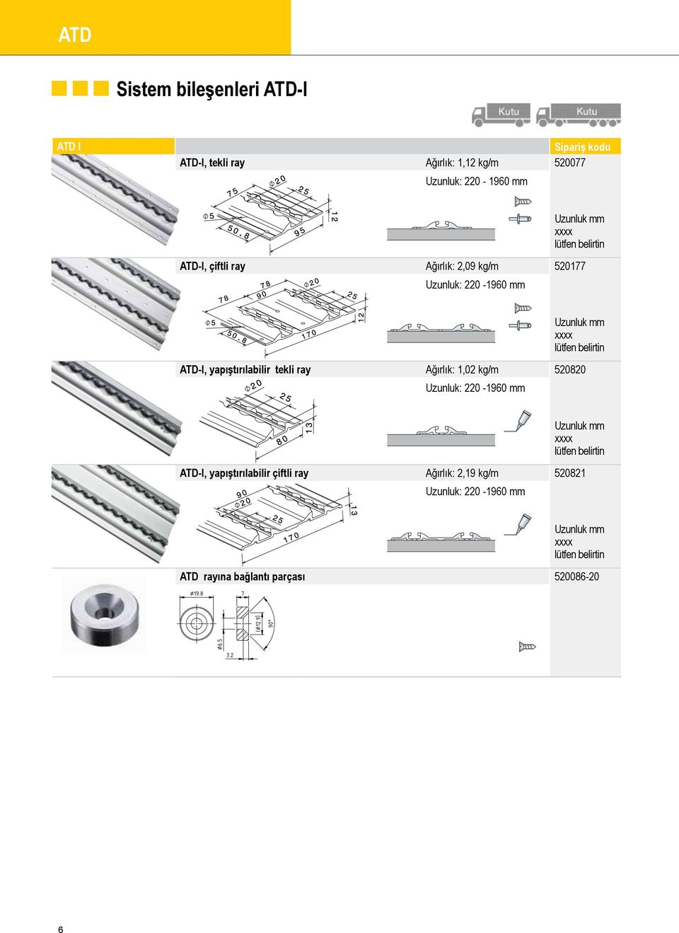 ATD-I, yapıştırılabilir tekli ray Ağırlık: 1,02 kg/m 520820 ATD-I,