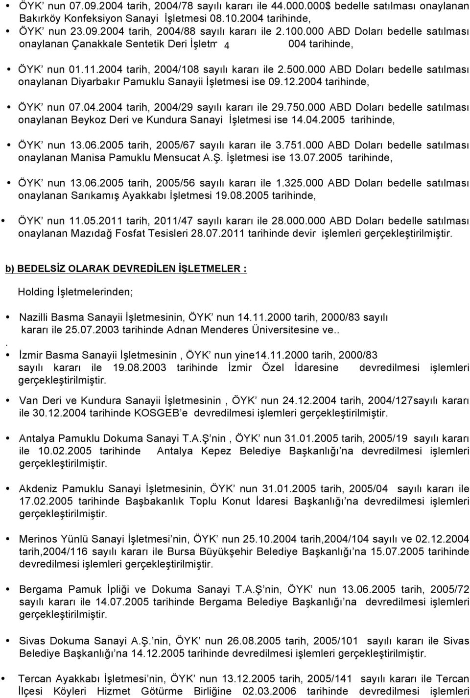 000 ABD Doları bedelle satılması onaylanan Diyarbakır Pamuklu Sanayii İşletmesi ise 09.12.2004 tarihinde, ÖYK nun 07.04.2004 tarih, 2004/29 sayılı kararı ile 29.750.
