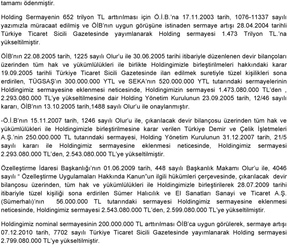 2005 tarihi itibariyle düzenlenen devir bilançoları üzerinden tüm hak ve yükümlülükleri ile birlikte Holdingimizle birleştirilmeleri hakkındaki karar 19.09.