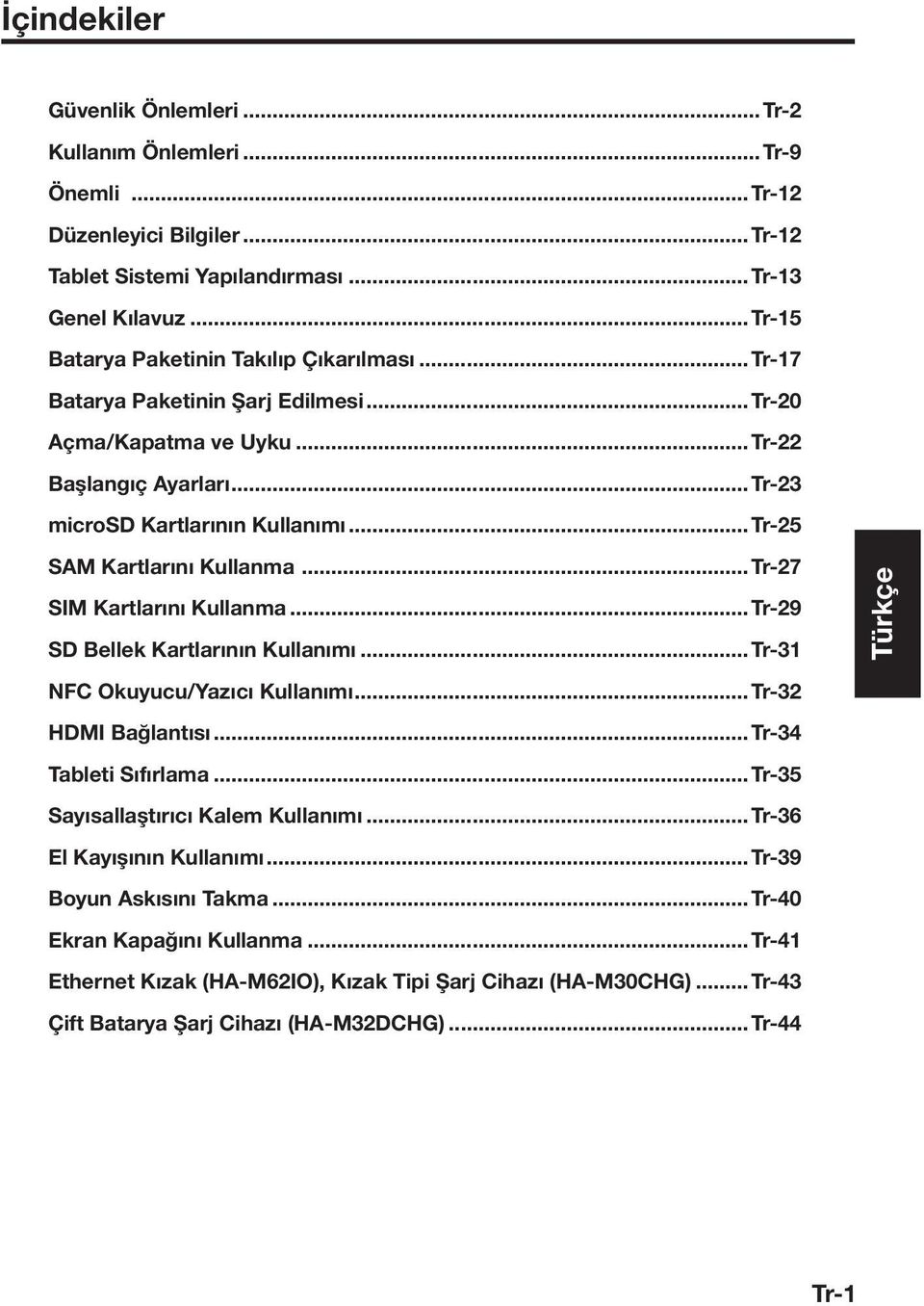 ..Tr-25 SAM Kartlarını Kullanma...Tr-27 SIM Kartlarını Kullanma...Tr-29 SD Bellek Kartlarının Kullanımı...Tr-31 NFC Okuyucu/Yazıcı Kullanımı...Tr-32 HDMI Bağlantısı...Tr-34 Tableti Sıfırlama.