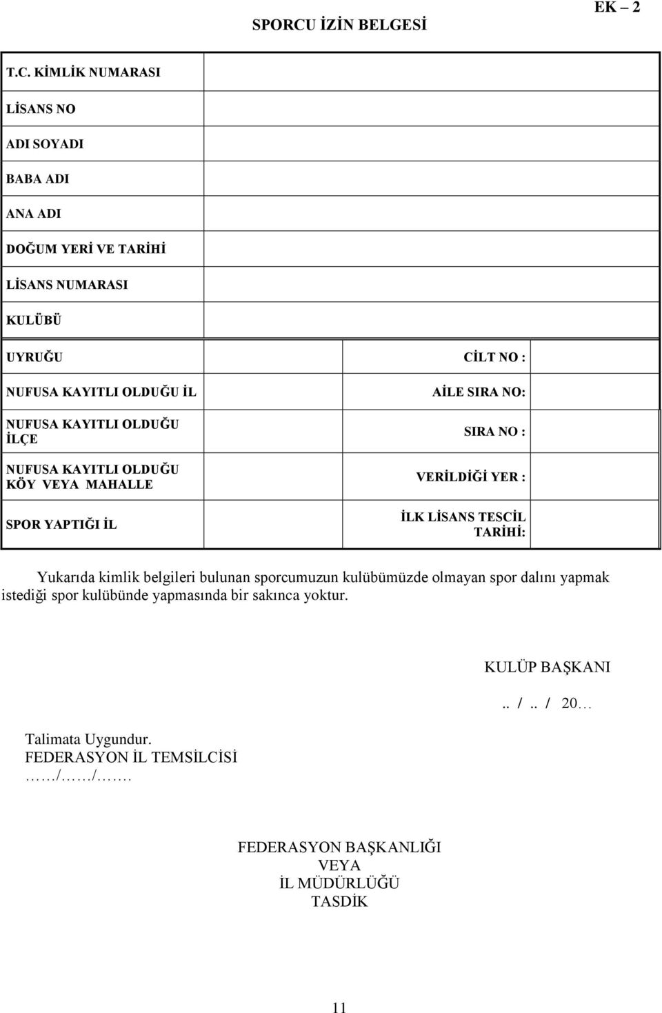 KİMLİK NUMARASI LİSANS NO BABA ADI ANA ADI DOĞUM YERİ VE TARİHİ LİSANS NUMARASI KULÜBÜ UYRUĞU CİLT NO : İL İLÇE KÖY VEYA