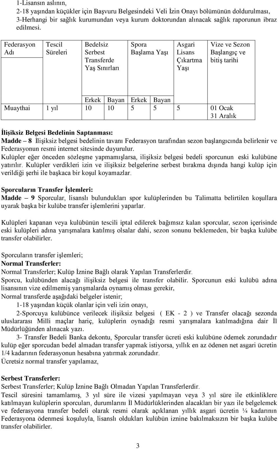 Federasyon Adı Tescil Süreleri Bedelsiz Serbest Transferde Yaş Sınırları Spora Başlama Yaşı Asgari Lisans Çıkartma Yaşı Vize ve Sezon Başlangıç ve bitiş tarihi Erkek Bayan Erkek Bayan Muaythai 1 yıl