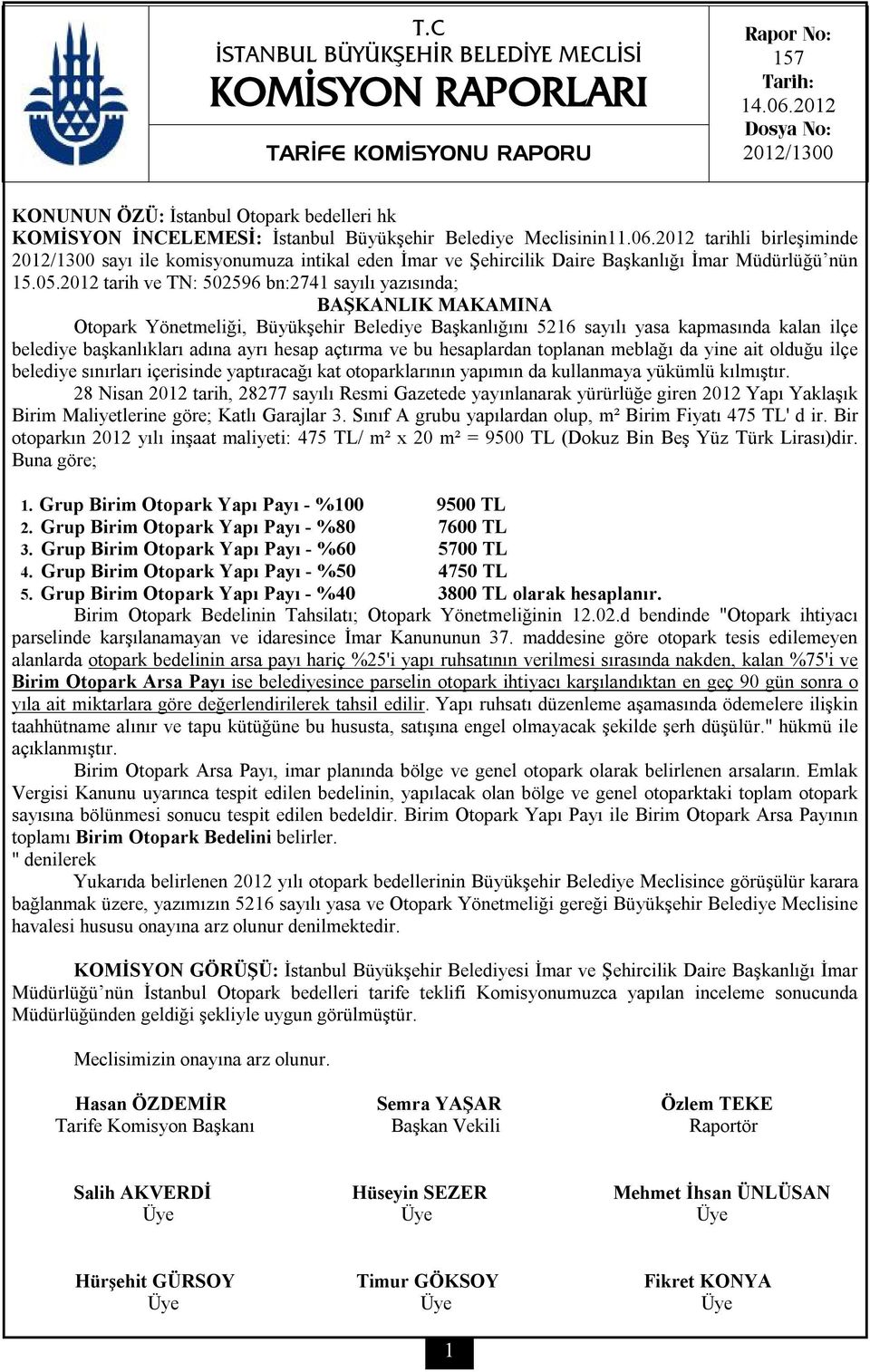 2012 tarih ve TN: 502596 bn:2741 sayılı yazısında; BAŞKANLIK MAKAMINA Otopark Yönetmeliği, Büyükşehir Belediye Başkanlığını 5216 sayılı yasa kapmasında kalan ilçe belediye başkanlıkları adına ayrı