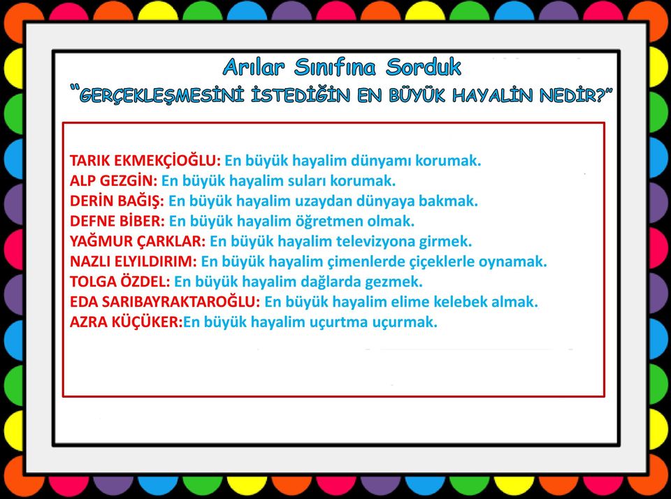 YAĞMUR ÇARKLAR: En büyük hayalim televizyona girmek. NAZLI ELYILDIRIM: En büyük hayalim çimenlerde çiçeklerle oynamak.