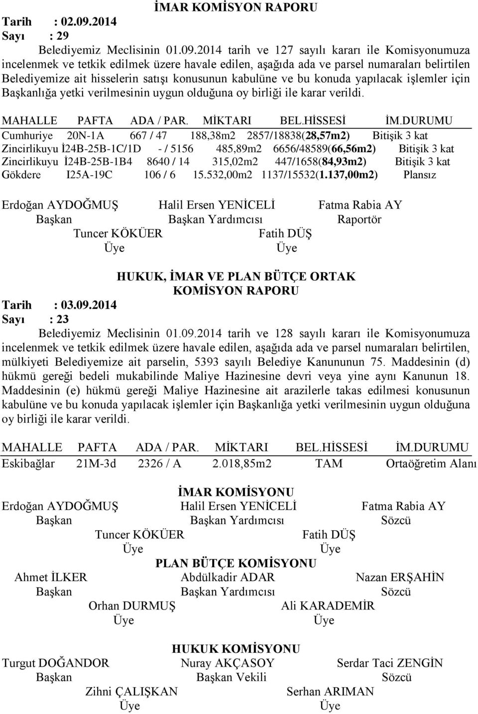 2014 tarih ve 127 sayılı kararı ile Komisyonumuza incelenmek ve tetkik edilmek üzere havale edilen, aşağıda ada ve parsel numaraları belirtilen Belediyemize ait hisselerin satışı konusunun kabulüne