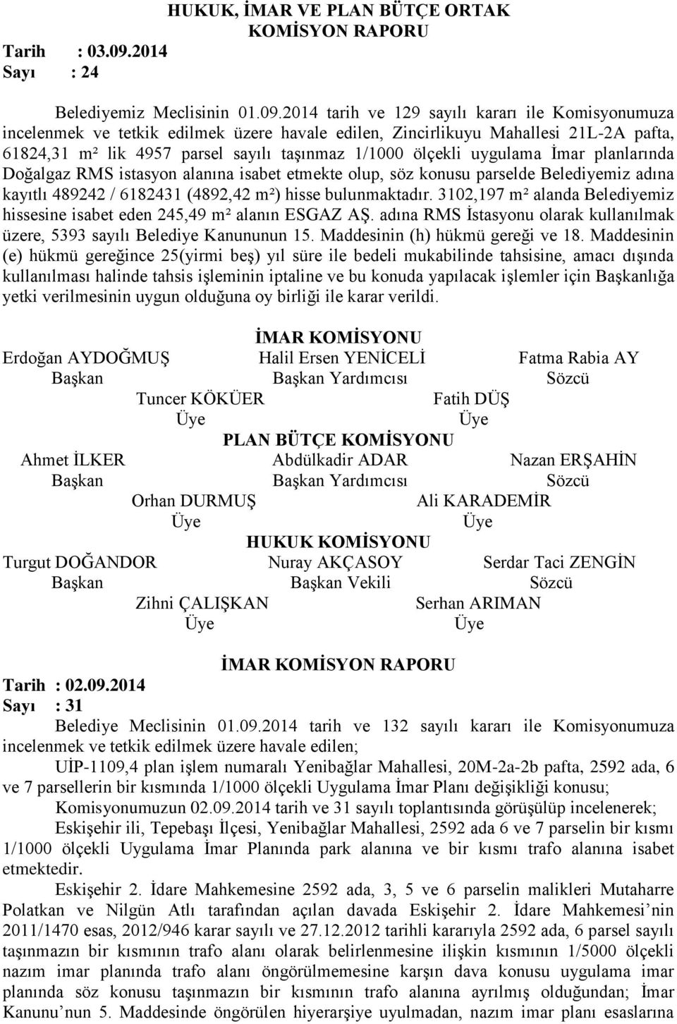 2014 tarih ve 129 sayılı kararı ile Komisyonumuza incelenmek ve tetkik edilmek üzere havale edilen, Zincirlikuyu Mahallesi 21L-2A pafta, 61824,31 m² lik 4957 parsel sayılı taşınmaz 1/1000 ölçekli