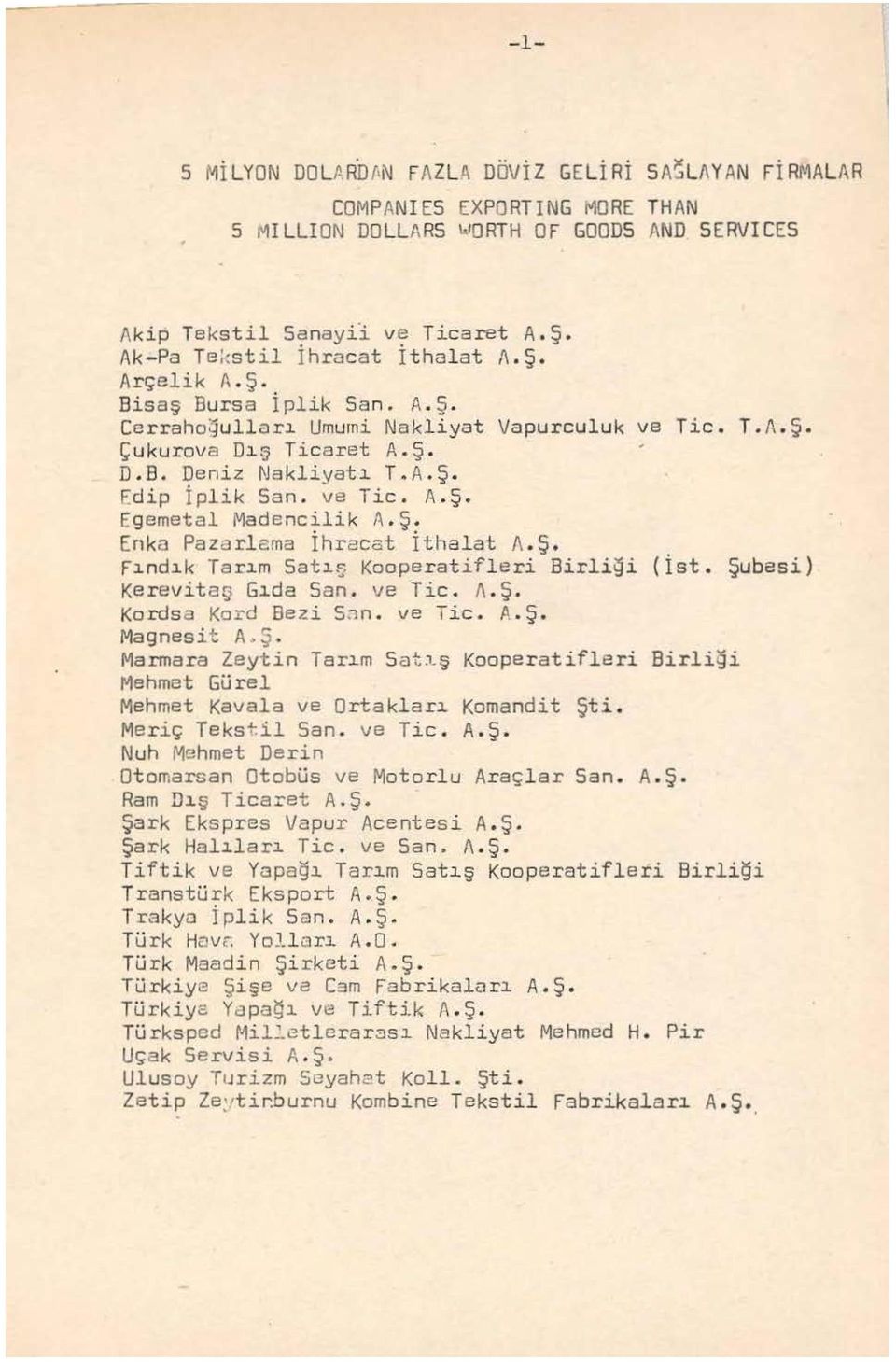 ~e Tic. A. Ş. Fgemetal Madencilik A.Ş. Enka Pazarlema İhracat İthalat /\. Ş. Fındık Tarım Satı Kooperatifleri Birli~i (İst. Şubesi) Kerevitag Gıda San. ve Tic. /\. Ş. Kordsa Kord Bezi s~n. ve Tic. A. Ş. Magnesit A.