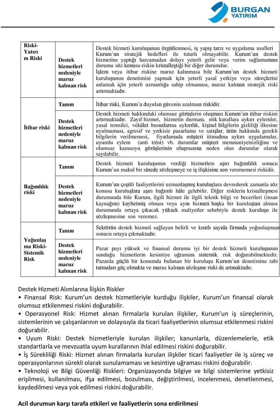 ile tutarlı olmayabilir. Kurum un destek hizmetine yaptığı harcamadan dolayı yeterli gelir veya verim sağlamaması durumu söz konusu riskin kristalleştiği bir diğer durumdur.