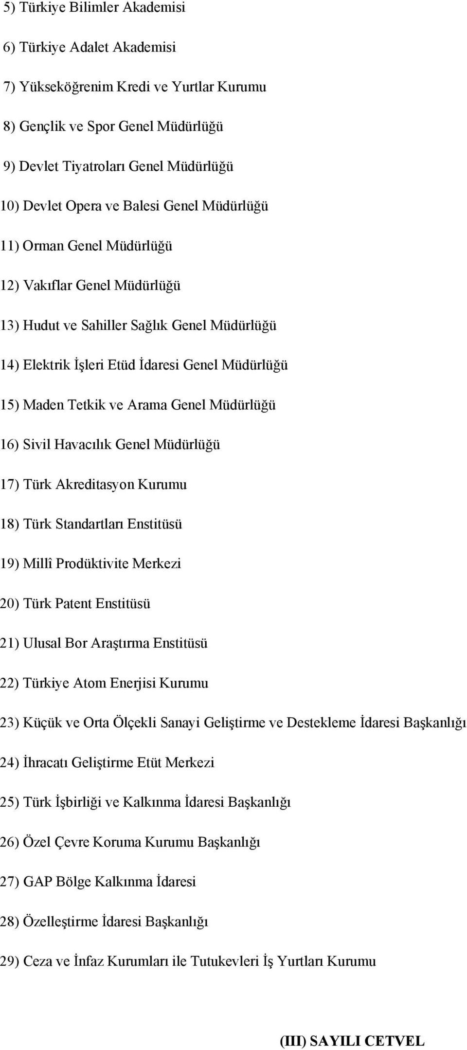 Müdürlüğü 16) Sivil Havacılık Genel Müdürlüğü 17) Türk Akreditasyon Kurumu 18) Türk Standartları Enstitüsü 19) Millî Prodüktivite Merkezi 20) Türk Patent Enstitüsü 21) Ulusal Bor Araştırma Enstitüsü