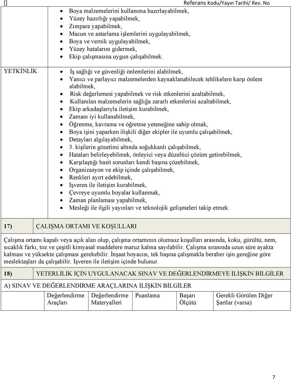 YETKİNLİK İş sağlığı ve güvenliği önlemlerini alabilmek, Yanıcı ve parlayıcı malzemelerden kaynaklanabilecek tehlikelere karşı önlem alabilmek, Risk değerlemesi yapabilmek ve risk etkenlerini