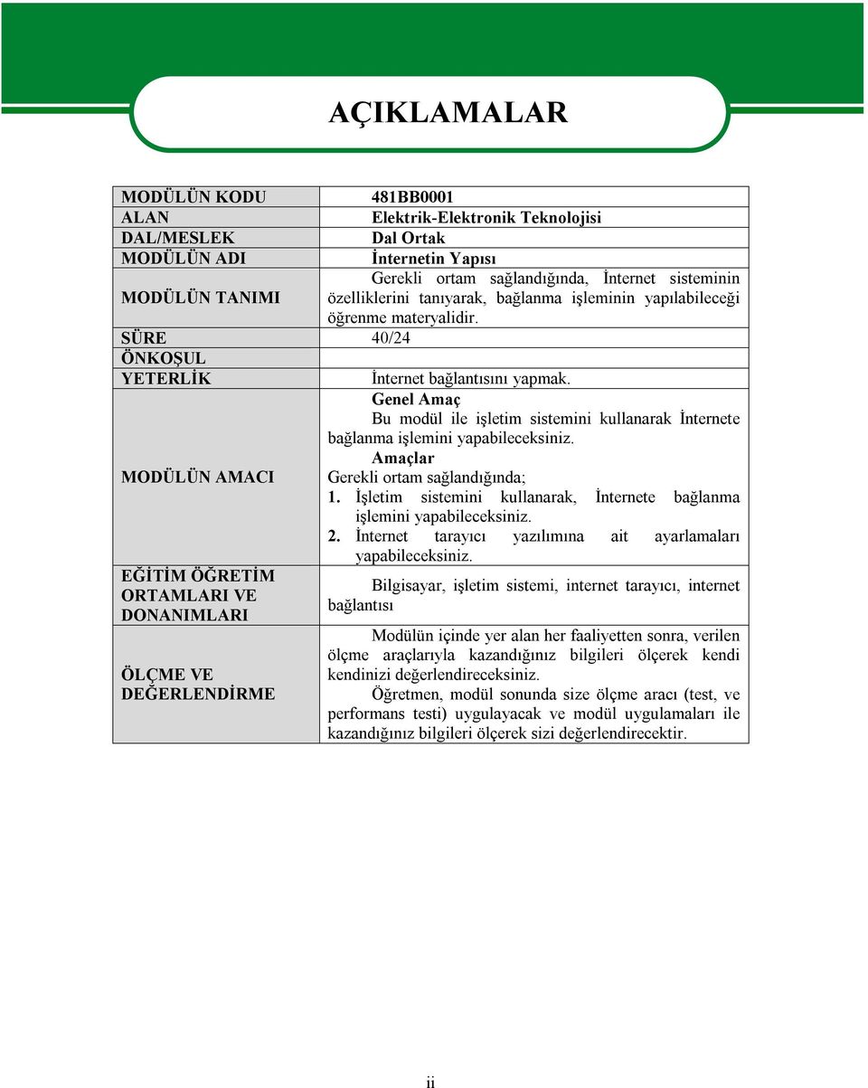 MODÜLÜN AMACI EĞİTİM ÖĞRETİM ORTAMLARI VE DONANIMLARI ÖLÇME VE DEĞERLENDİRME AÇIKLAMALAR Genel Amaç Bu modül ile işletim sistemini kullanarak İnternete bağlanma işlemini yapabileceksiniz.