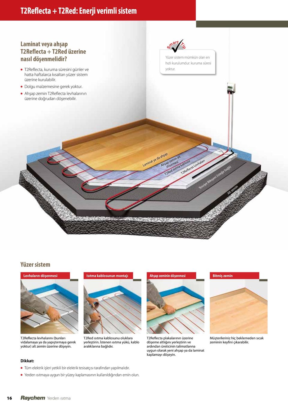 Smart Tip Yüzer sistem mümkün olan en hızlı kurulumdur: kuruma süresi yoktur. l Ahşap zemin T2Reflecta levhalarının üzerine doğrudan döşenebilir.