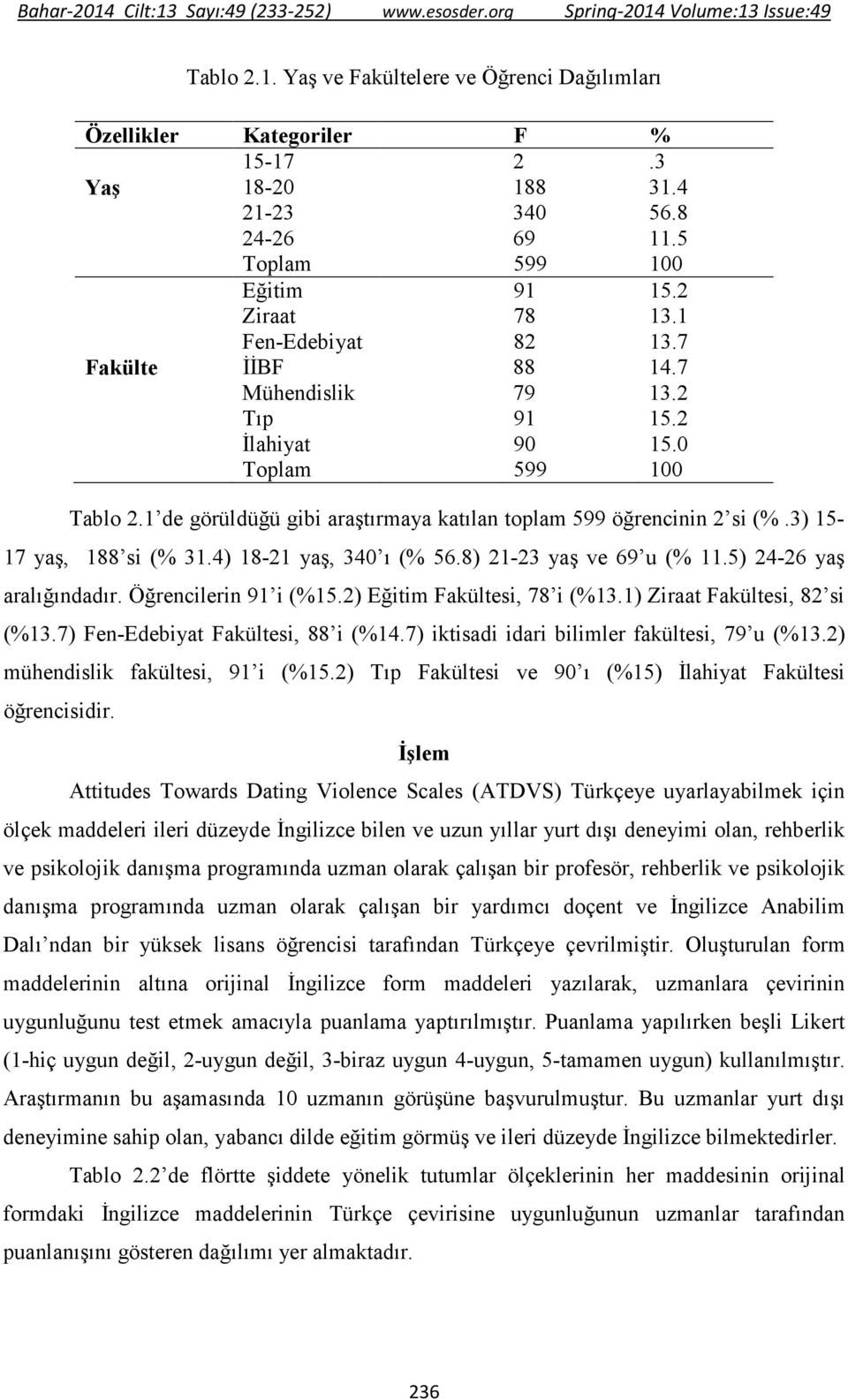 3) 15-17 yaş, 188 si (% 31.4) 18-21 yaş, 340 ı (% 56.8) 21-23 yaş ve 69 u (% 11.5) 24-26 yaş aralığındadır. Öğrencilerin 91 i (%15.2) Eğitim Fakültesi, 78 i (%13.1) Ziraat Fakültesi, 82 si (%13.