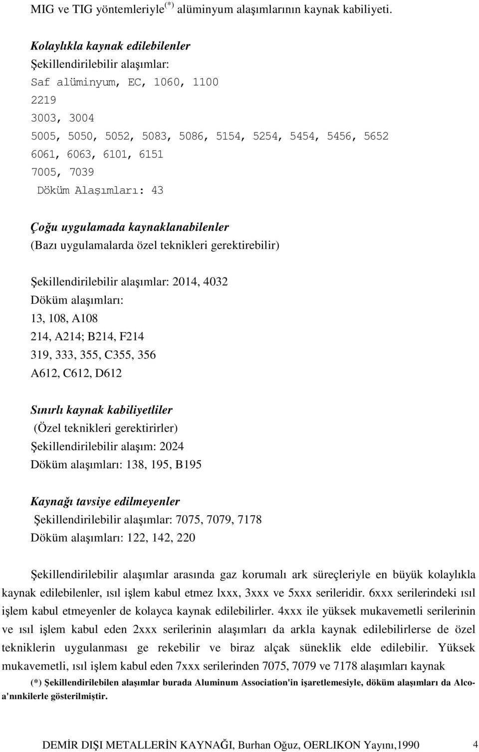 7039 Döküm Alaşımları: 43 Çoğu uygulamada kaynaklanabilenler (Bazı uygulamalarda özel teknikleri gerektirebilir) Şekillendirilebilir alaşımlar: 2014, 4032 Döküm alaşımları: 13, 108, A108 214, A214;