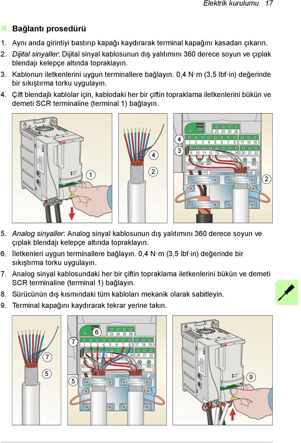 0,4 N m (3,5 lbf in) değerinde bir sıkıştırma torku uygulayın. 4. Çift blendajlı kablolar için, kablodaki her bir çiftin topraklama iletkenlerini bükün ve demeti SCR terminaline (terminal 1) bağlayın.