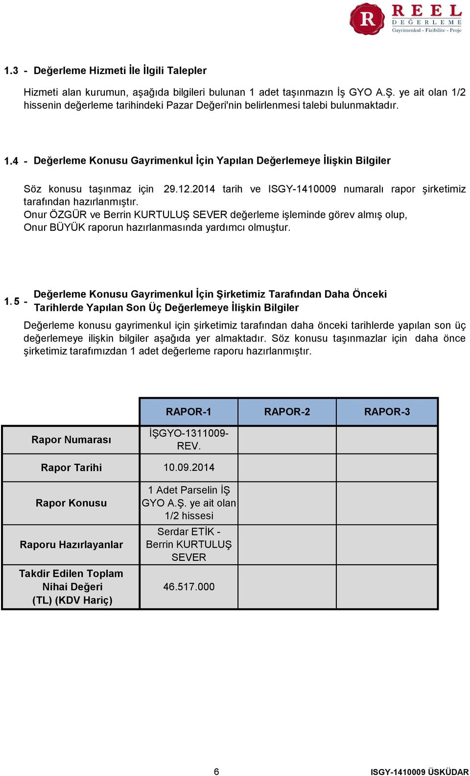 12.2014 tarih ve ISGY-1410009 numaralı rapor şirketimiz tarafından hazırlanmıştır.