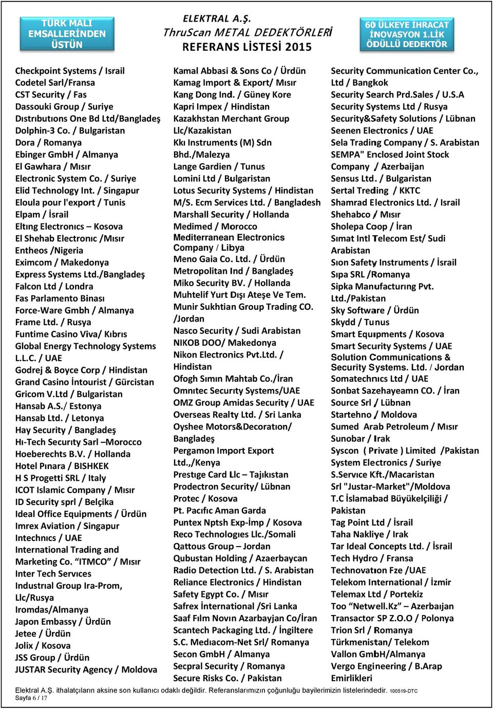 / Singapur Eloula pour l'export / Tunis Elpam / İsrail Eltıng Electronıcs Kosova El Shehab Electronıc /Mısır Entheos /Nigeria Eximcom / Makedonya Express Systems Ltd.