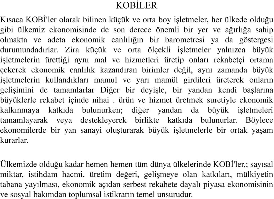 Zira küçük ve orta ölçekli işletmeler yalnızca büyük işletmelerin ürettiği aynı mal ve hizmetleri üretip onları rekabetçi ortama çekerek ekonomik canlılık kazandıran birimler değil, aynı zamanda