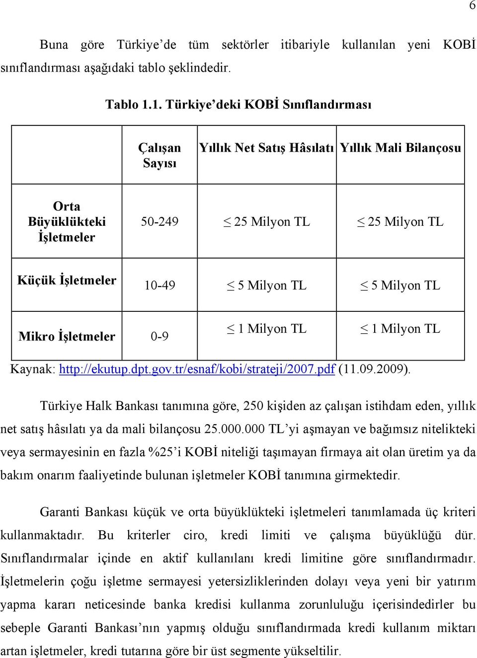 Milyon TL Mikro İşletmeler 0-9 1 Milyon TL 1 Milyon TL Kaynak: http://ekutup.dpt.gov.tr/esnaf/kobi/strateji/2007.pdf (11.09.2009).