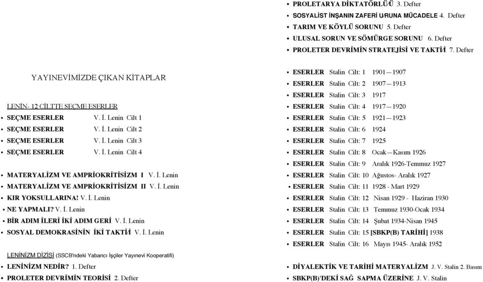 İ. Lenin MATERYALİZM VE AMPRİOKRİTİSİZM II V. İ. Lenin KIR YOKSULLARINA! V. İ. Lenin NE YAPMALI? V. İ. Lenin BİR ADIM İLERİ İKİ ADIM GERİ V. İ. Lenin SOSYAL DEMOKRASİNİN İKİ TAKTİ İ V. İ. Lenin LENİNİZM DİZİSİ (SSCB'ndeki Yabancı İşçiler Yayınevi Kooperatifi) LENİNİZM NEDİR?